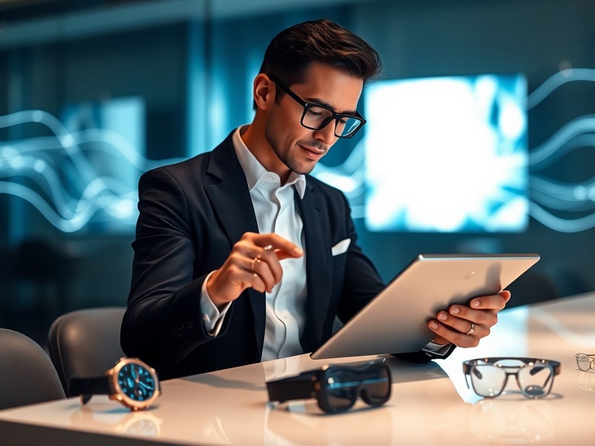 Celebritate cu gadgeturi futuriste, înconjurată de tehnologie modernă și inovație.